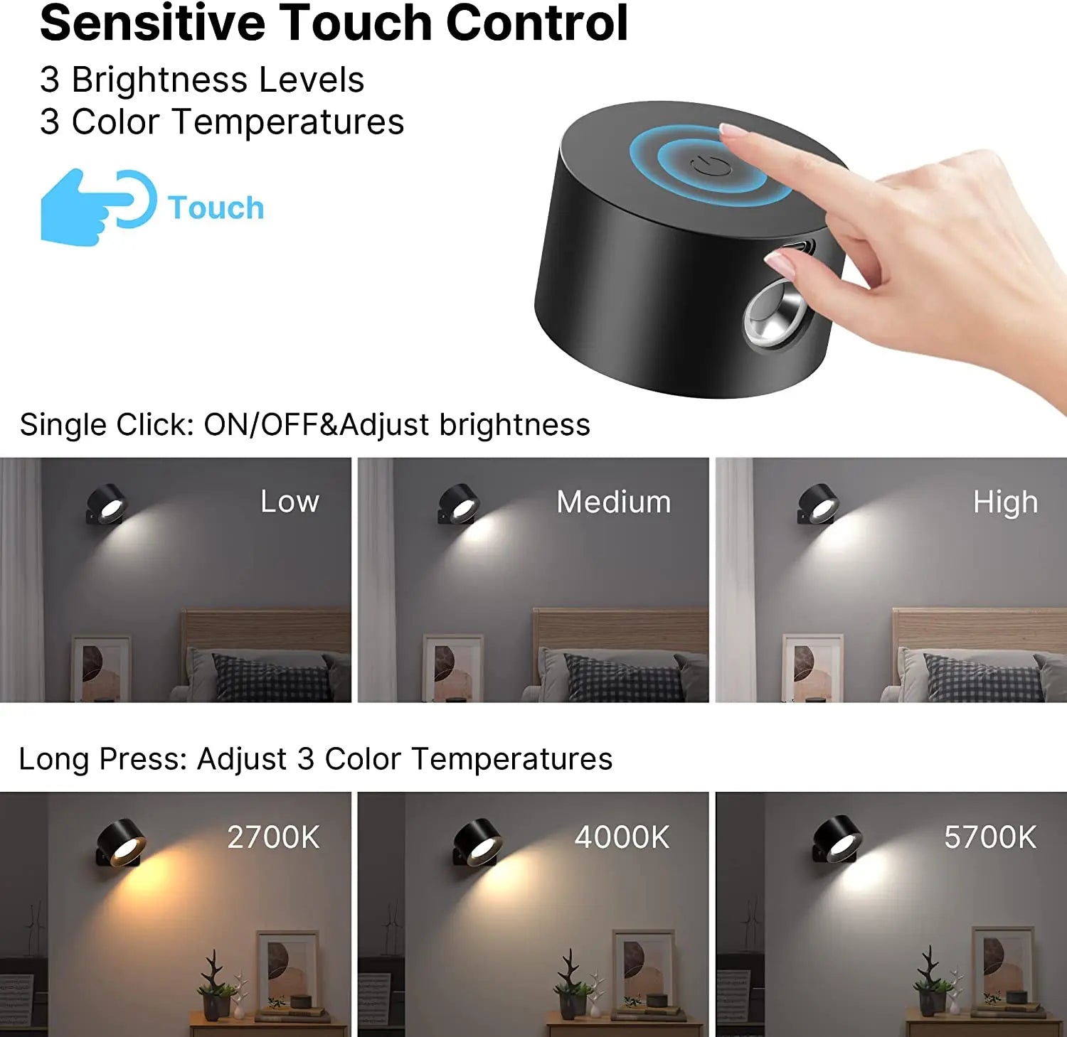 103 - LED Wall Sconces light, 3 Brightness Levels 3 Color Modes Wall Lights, 2000mAh Battery Operated 360° Rotatable Touch Control